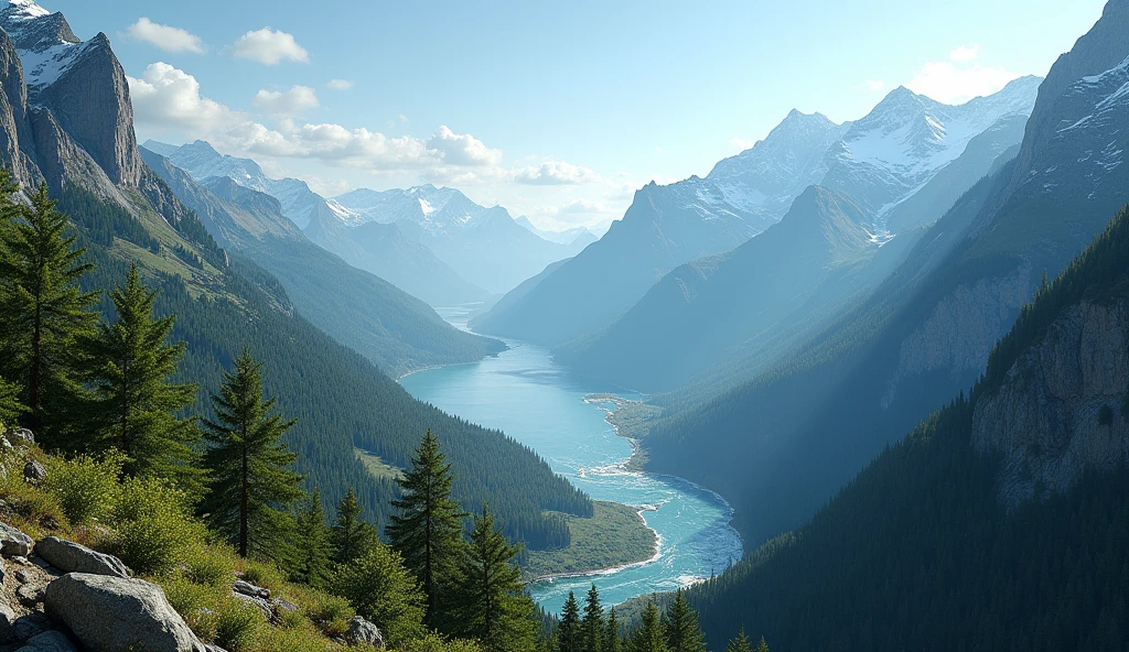 Panorama,On the high mountains covered with laurel trees, water flows toward the West Sea(best quality,4K,8k,High level,masterpiece:1.2),Ultra Detailed,(lifelike,Photo real,Photo real:1.37)