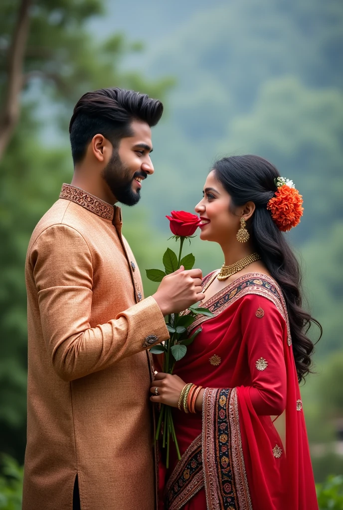 Nepali beautiful couples in culturel dress daura suruwal giving rose fb coverb photo size