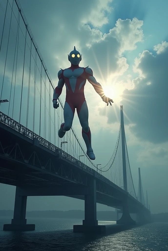 a dramatic scene of the iconic high oresund bridge, viewed from the road, with ultraman hovering over the structure, (best quality,4k,8k,highres,masterpiece:1.2),ultra-detailed,(realistic,photorealistic,photo-realistic:1.37),dramatic lighting,cinematic composition,epic scale,mist,dramatic sky,azure water,dramatic clouds,detailed architecture,metallic bridge,ultraman flying,ultraman floating,ultraman silhouette,ultraman pose,ultraman details,ultraman energy,ultraman power