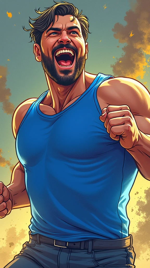 a happy father, superhero, comic style, detailed portrait, cinematic lighting, dynamic pose, bold colors, comic book shading, warm tones, dynamic action, expressive face, detailed hands, detailed costume, heroic, powerful, superhuman, adventure, excitement, joy, modern, pop-art, illustration, masterpiece, best quality, 4k, 8k, highres, ultra-detailed, photorealistic, HDR, studio lighting, sharp focus, physically-based rendering