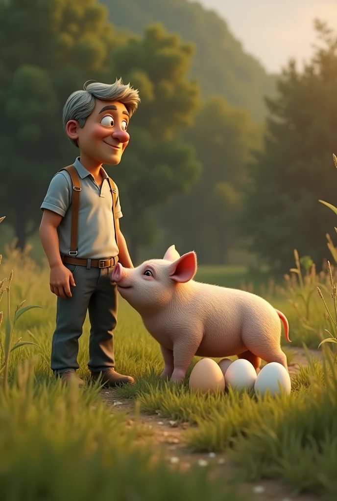 (photorealism:1.2), a man , who see a porc sitting on a lot of eggs