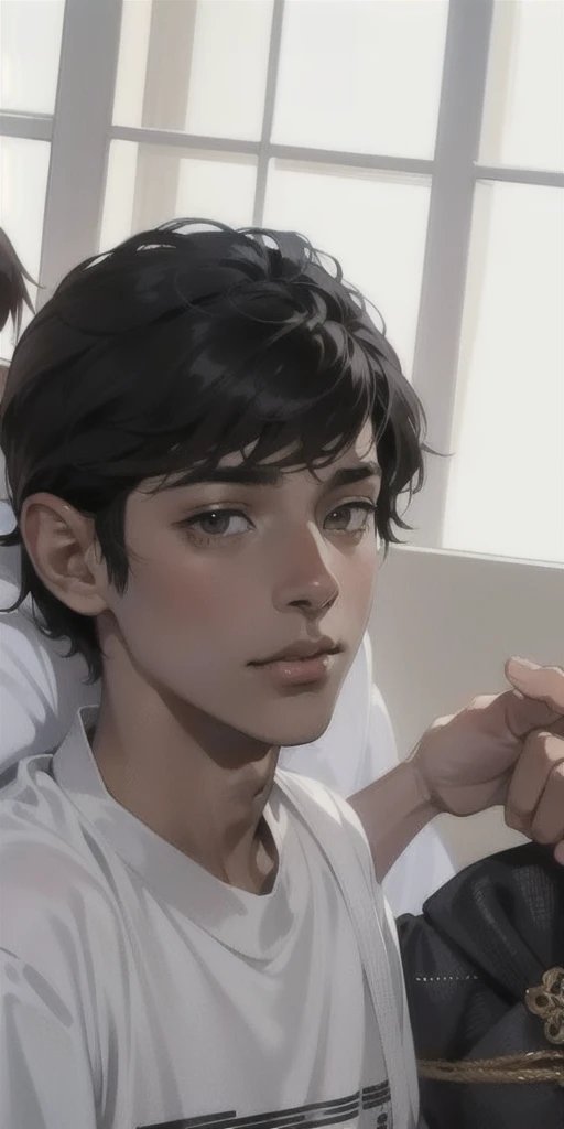 anime boy, brown skin, black short wavy hair, brown eyes, coy smirk, shota, young child face
