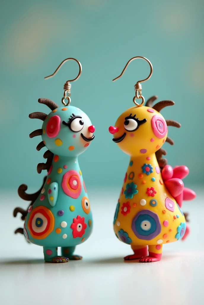 Polymer clay handmade earrings having a conversation with machine made metal boring earring