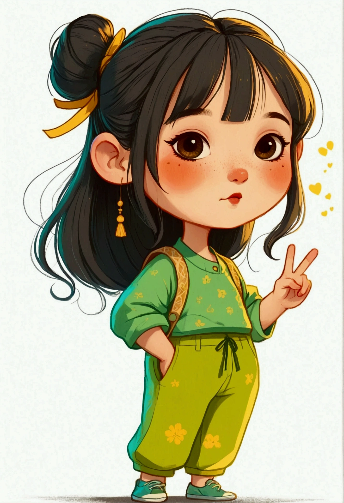 flat wind，vector，Childish art cartoon，Oil pastel graffiti，A cute Chinese chibi girl in green with yellow pants, in the style of cartoon, white background,cute and dreamy, Kawaii illustration, in the style of Korean hairstyle with a hair bun on her head, happy expression, standing pose, smiling while making the peace sign with her right hand,full body portrait,simple lines, colorful animation stills, romantic charm