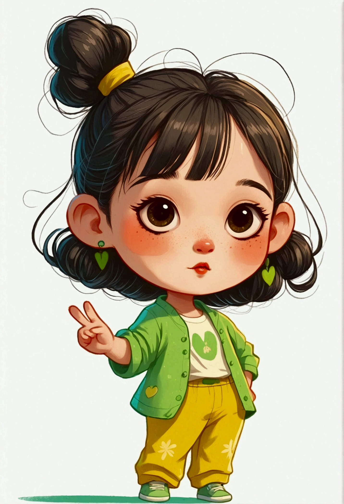 flat wind，vector，Childish art cartoon，Oil pastel graffiti，A cute Chinese chibi girl in green with yellow pants, in the style of cartoon, white background,cute and dreamy, Kawaii illustration, in the style of Korean hairstyle with a hair bun on her head, happy expression, standing pose, smiling while making the peace sign with her right hand,full body portrait,simple lines, colorful animation stills, romantic charm