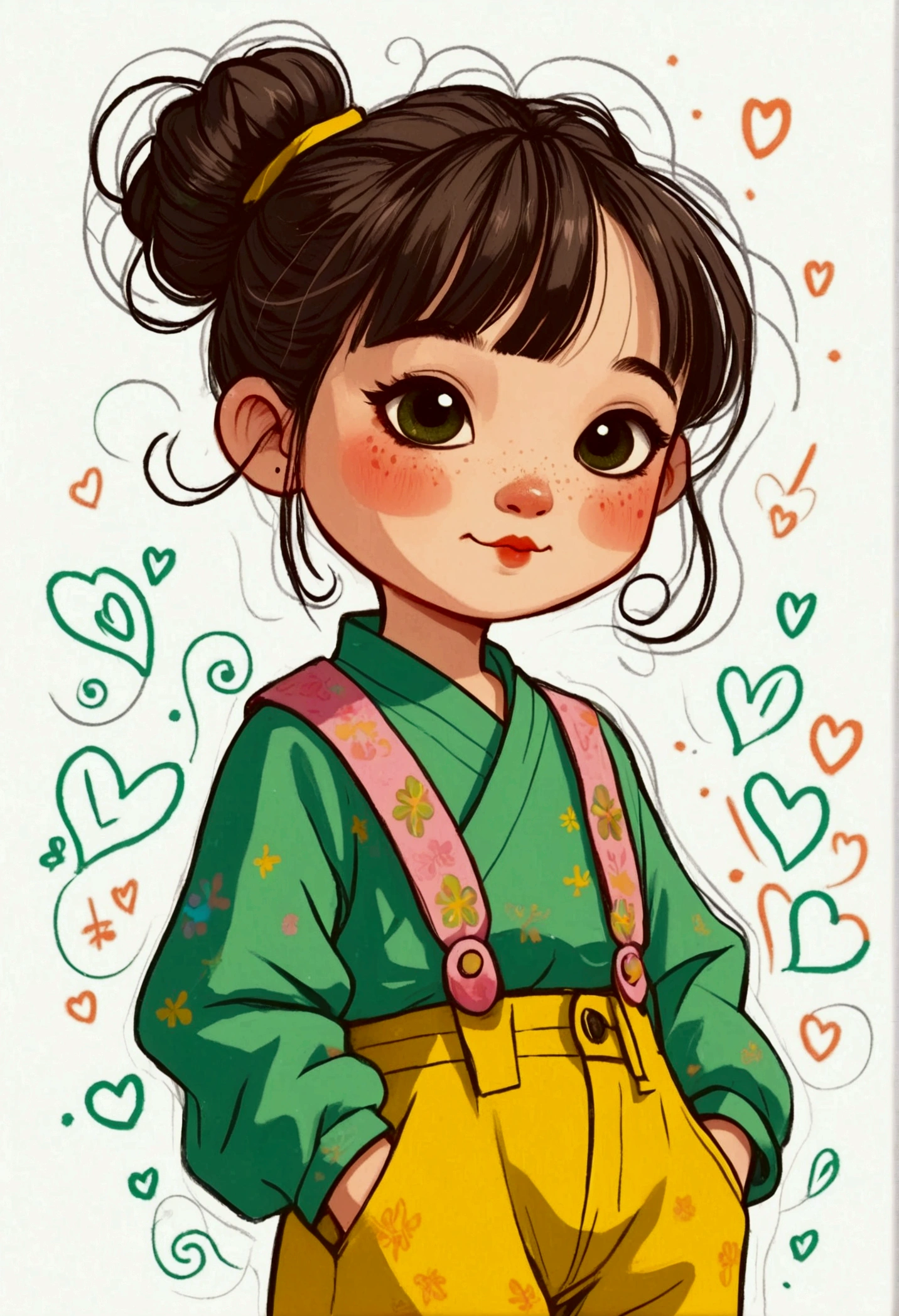 flat wind，vector，Childish art cartoon，Oil pastel graffiti，A cute Chinese chibi girl in green with yellow pants, in the style of cartoon, white background,cute and dreamy, Kawaii illustration, in the style of Korean hairstyle with a hair bun on her head, happy expression, standing pose, smiling while making the peace sign with her right hand,full body portrait,simple lines, colorful animation stills, romantic charm