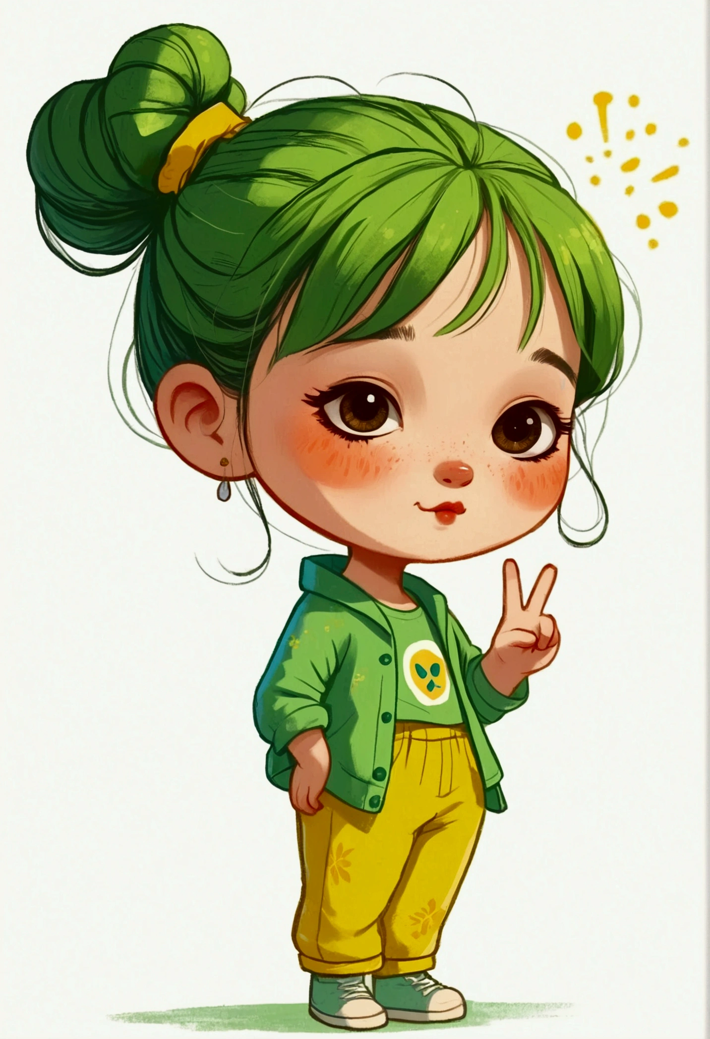 flat wind，vector，Childish art cartoon，Oil pastel graffiti，A cute Chinese chibi girl in green with yellow pants, in the style of cartoon, white background,cute and dreamy, Kawaii illustration, in the style of Korean hairstyle with a hair bun on her head, happy expression, standing pose, smiling while making the peace sign with her right hand,full body portrait,simple lines, colorful animation stills, romantic charm