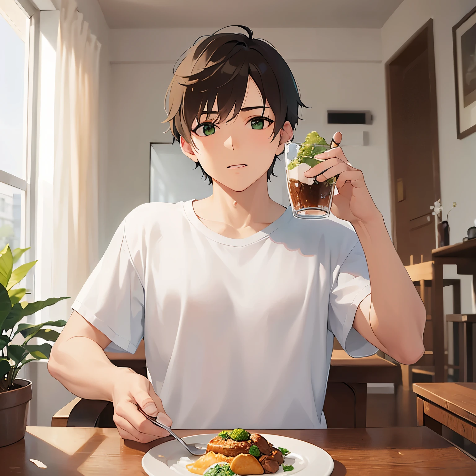Biologically correct five fingers、upper body、masterpiece、Highest quality、(2 male:1.5) and (Brown short hair) and (Green Eyes), (White T-shirt)、confused、The background is the living room、alone、There is food on a plate on the table