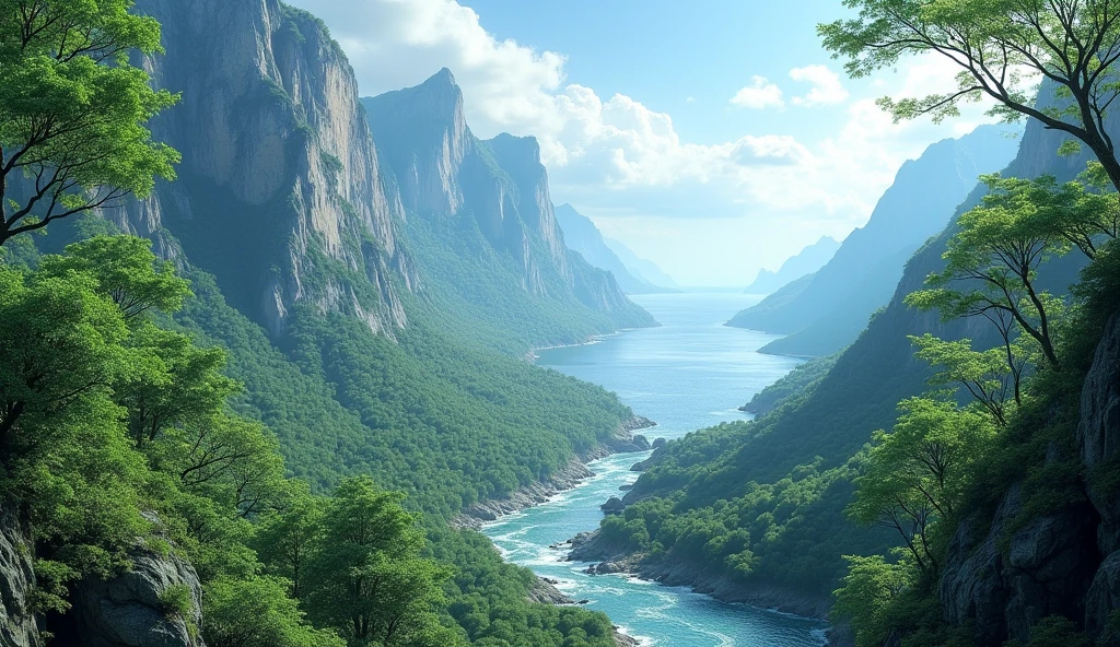 Panorama,On the high mountains covered with laurel trees, water flows westward into the sea(best quality,4K,8k,High level,masterpiece:1.2),Ultra Detailed,(lifelike,Photo real,Photo real:1.37)