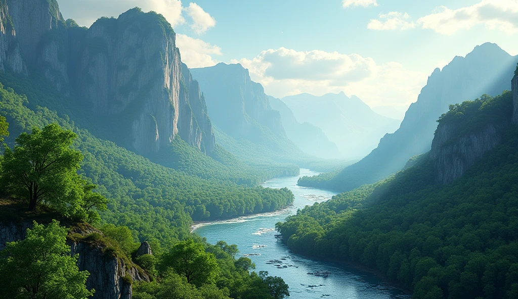 Panorama,On the high mountains covered with laurel trees, water flows westward into the sea(best quality,4K,8k,High level,masterpiece:1.2),Ultra Detailed,(lifelike,Photo real,Photo real:1.37)
