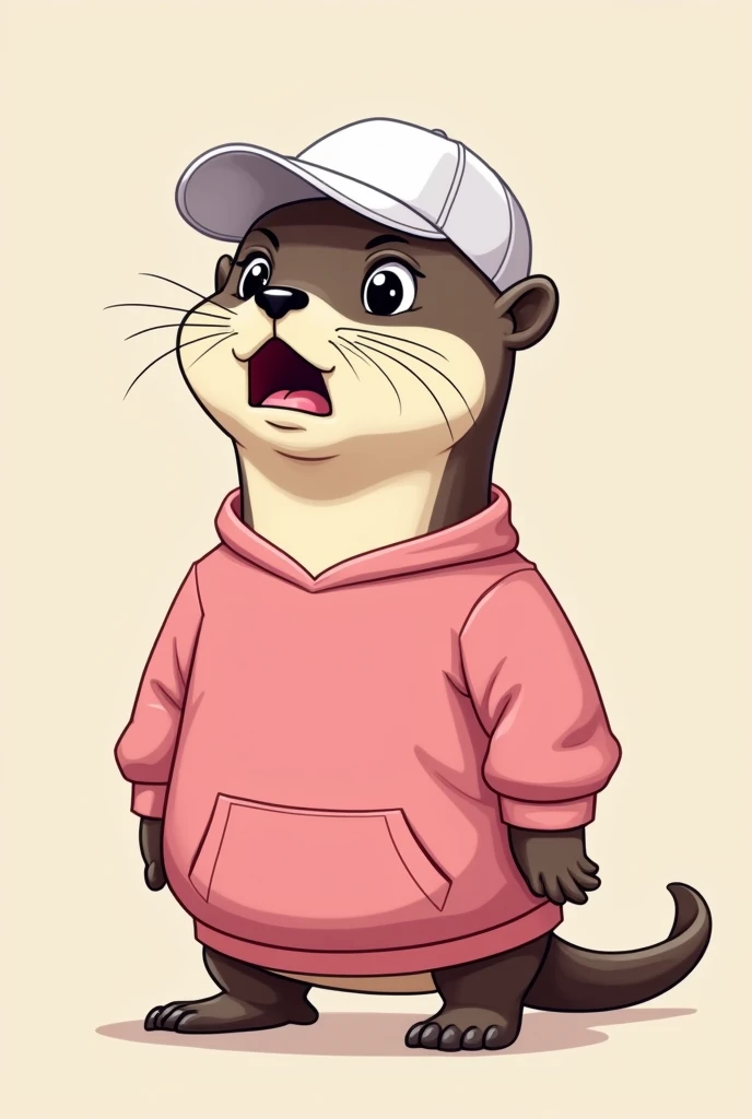 Cartoon of an otter, with white cap, pink sweatshirt, side position and impacted face