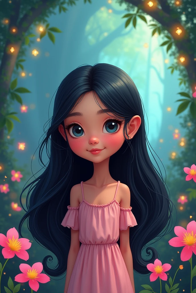 Girl, long black hair, cartoon