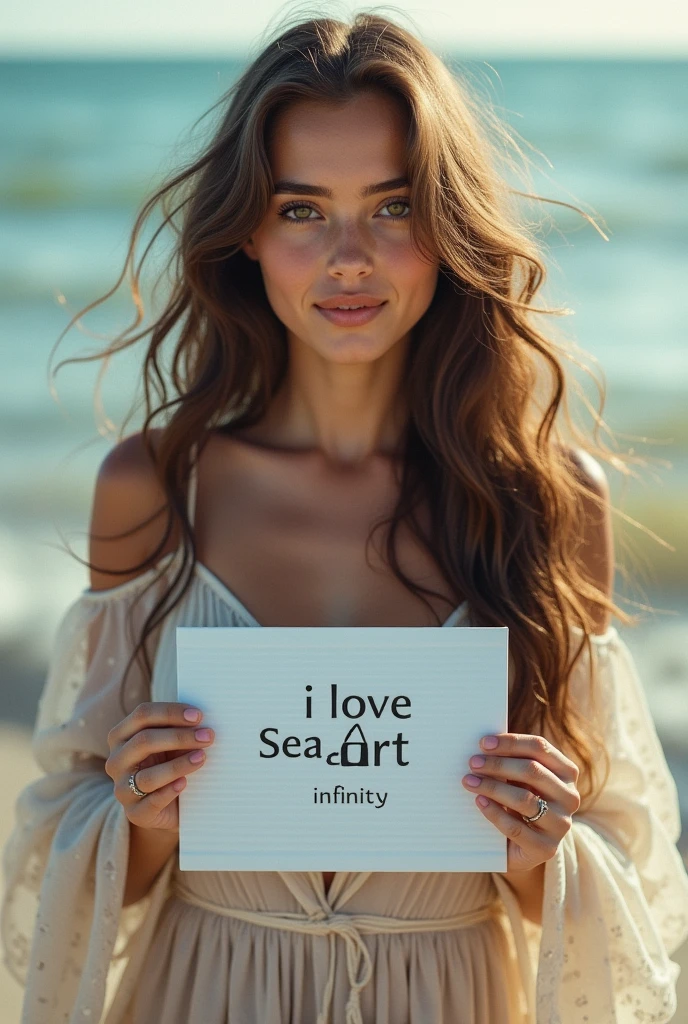 Beautiful girl with wavy long hair, bohemian dress, holding a white board with text "I Love Seaart Infinity" and showing it to the viewer