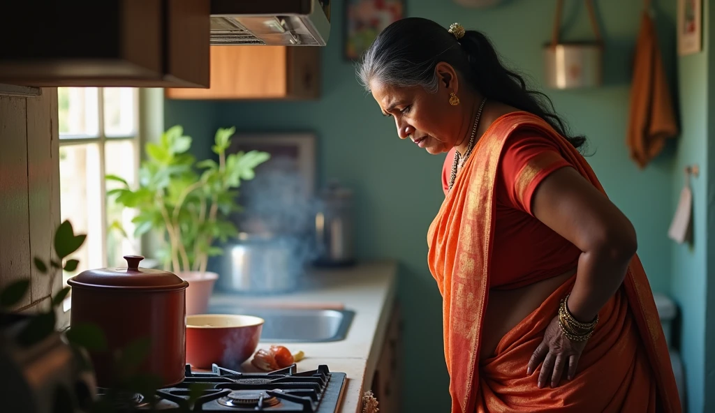 Indian house wife in saree dress standing in kitchen with severe back pain , kitchen background with gas burner on platform, bokeh 