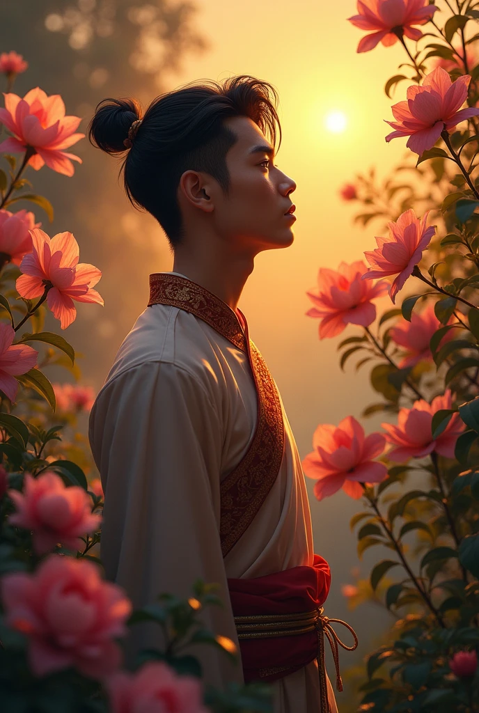  " A man wearing an ancient Thai costume, handsome and fair-skinned, is standing and admiring the Rampue flowers, showing his face missing his beloved, thinking of his beloved. The background is an evening atmosphere, surrounded by a flower garden. "