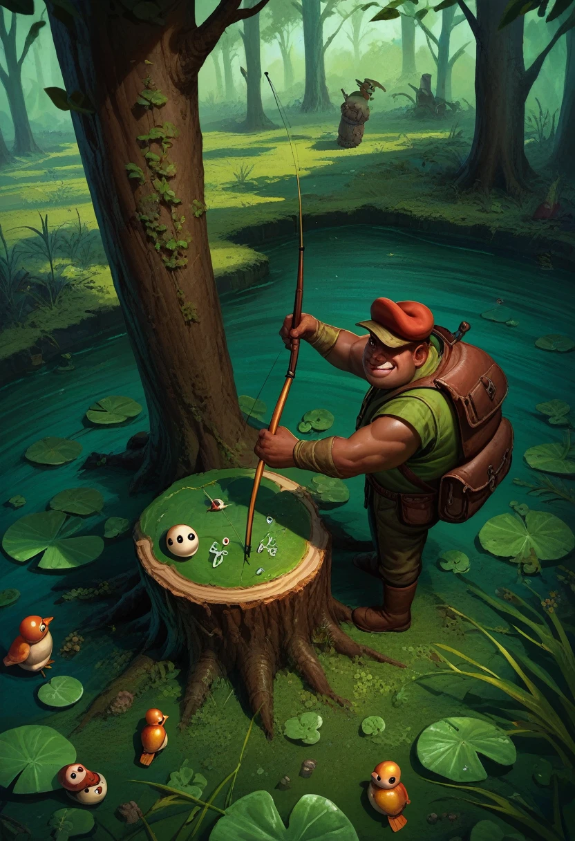 punctuation_9, punctuation_8_High above, punctuation_7_High above, Standing alone, Male focus,Shrek, green-skin,Imagine,swamp,Victorious black african man , Straw,Holding a fishing rod,Easy smile,sheet,toad,birds,Sitting on a tree stump,outdoor