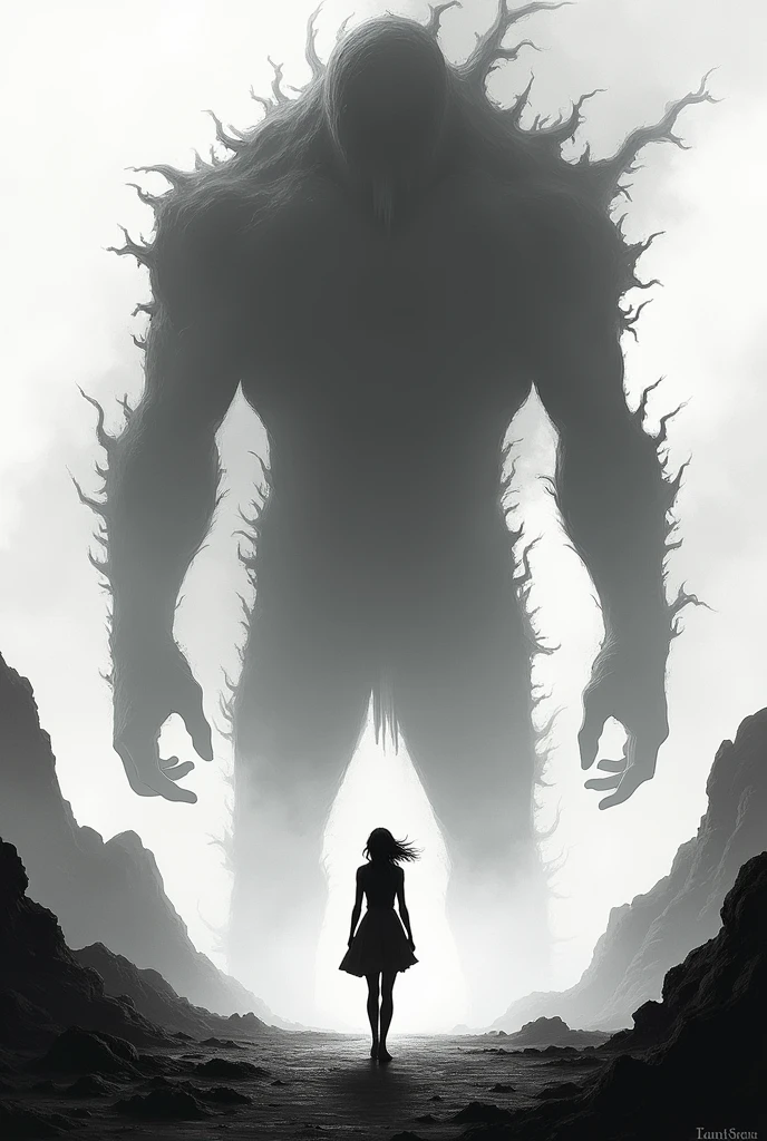 In this image, a tense and ominous atmosphere is conveyed through a stark, high-contrast black-and-white palette. In the foreground, the silhouette of a person, likely a woman, stands poised and still, facing a much larger, monstrous figure that looms threateningly in the background. The stark contrast between the two figures underscores the sense of impending danger and confrontation. Above them, a curved, wave-like structure dominates the upper portion of the scene, adding a dynamic element that suggests movement or an overwhelming force. The ground beneath their feet is rough and textured, further intensifying the harsh and foreboding environment. The smaller figure’s stance hints at a confrontation or an imminent clash with the menacing entity in the background. The overall composition captures a moment of suspense, where the smaller figure must face an overwhelming, alien-like presence, with the looming wave-like structure amplifying the sense of peril and impending doom.