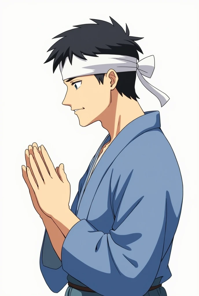 anime、profile、looking at the camera、male、Around 30 years old、Muscular、Square face、Round Nose、short hair、No bangs、Black Hair、Blue Jinbei、White headband、Thirsty、whole body、I close my eyes and pray