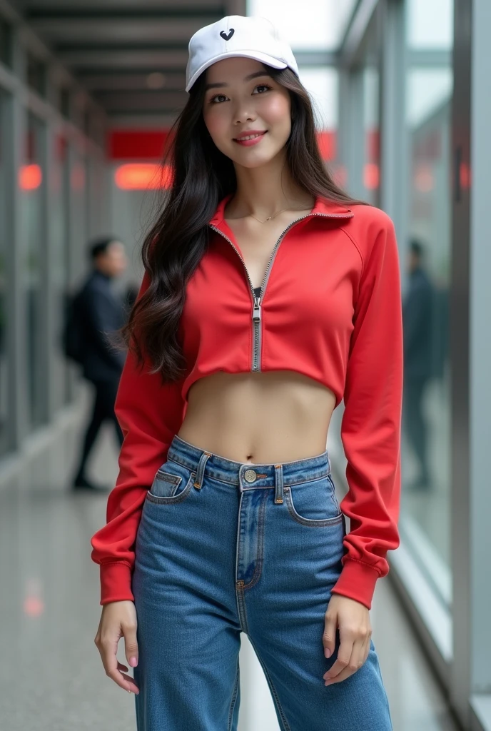 Une chinoise qui porte un crop top (qui ne montre pas les seins, la gorge et qui se termine au bout des seins) à manches longues avec fermeture en rouge (la fermeture en gris) elle a des très gros seins,une casquette blanc(on le voit) , un jean en bleu long(on voit son nombril à 100%) , elle a des chaussures noir et blanc et elle a une poid moyenne pour quelque'un de 1m80