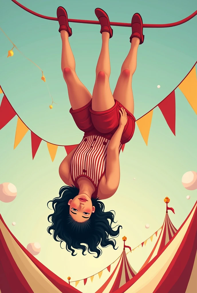 A side view of vector image of fat women with a bored face wearing red stripes overall dangling upside down from a line at a circus. Her knee wrap around the bar from the line