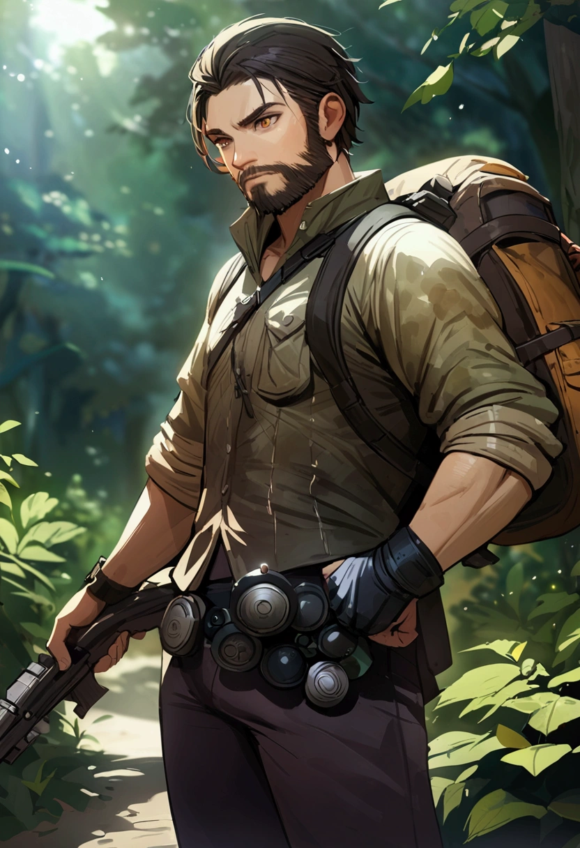 ((masterpiece, best quality))
TLOUJoel, 1boy, solo, brown hair, brown eyes, beard, In a serene, tranquil forest, wearing outdoor gear and enjoying a peaceful nature hike