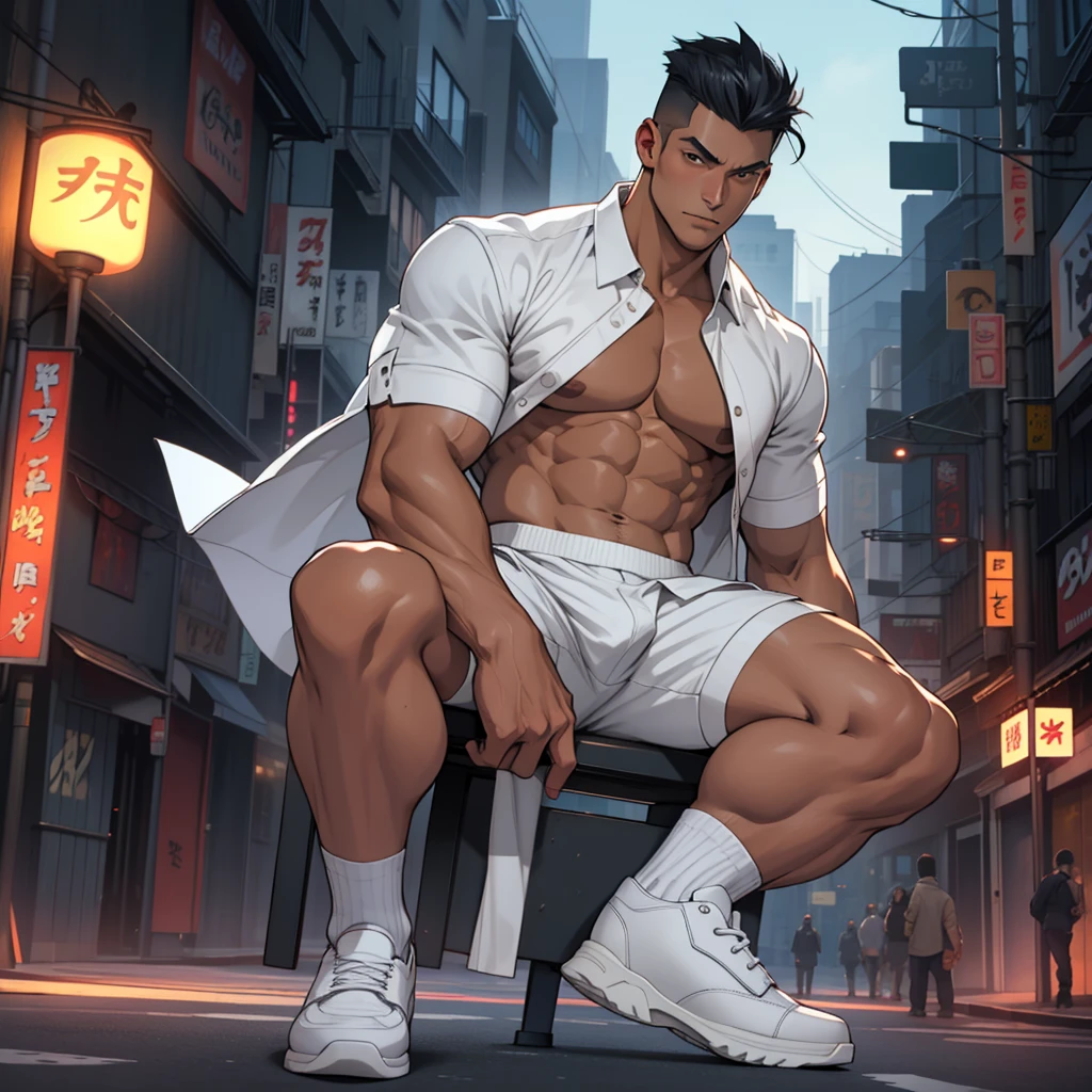 Highest image quality，Men，1 boy，Young and handsome，display，Short Flat Top Hairstyle，Dark Skin，Japanese cartoons，Anime Wallpaper，Solitary，Male focus，Panties，Chest muscle expansion，Crotch bulge，City background，Open your legs，Sexy,(masterpiece, best quality),Long white socks，leather shoes,Garter，CG sense，Dark atmosphere，8K,Movie lighting effects，Bulge