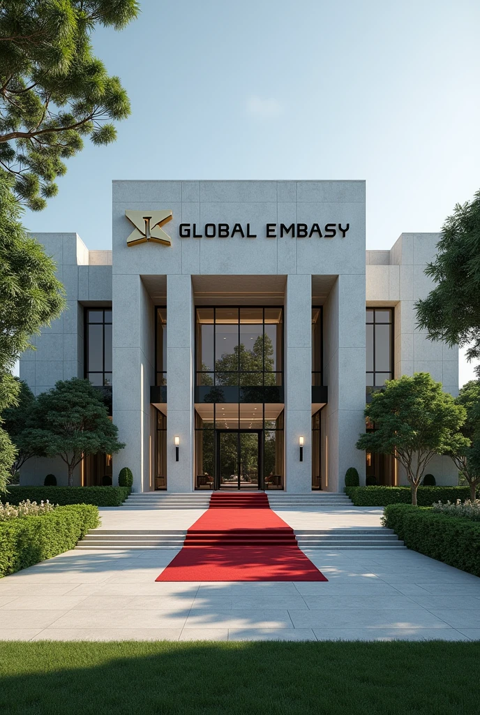 A wonderful and luxurious building, it's on it's own with large compound with trees and Grass with corporate Singaporean architecture and the words Nexus Global Embassy fully exposed on the building separate concrete with red carpet on the entrance with a good full view and angle .Expose the words Nexus Global Embassy on the concrete fully I can't see the words and the driveway the spelling is wrong work on spelling and clarity of words embassy I can't see the words