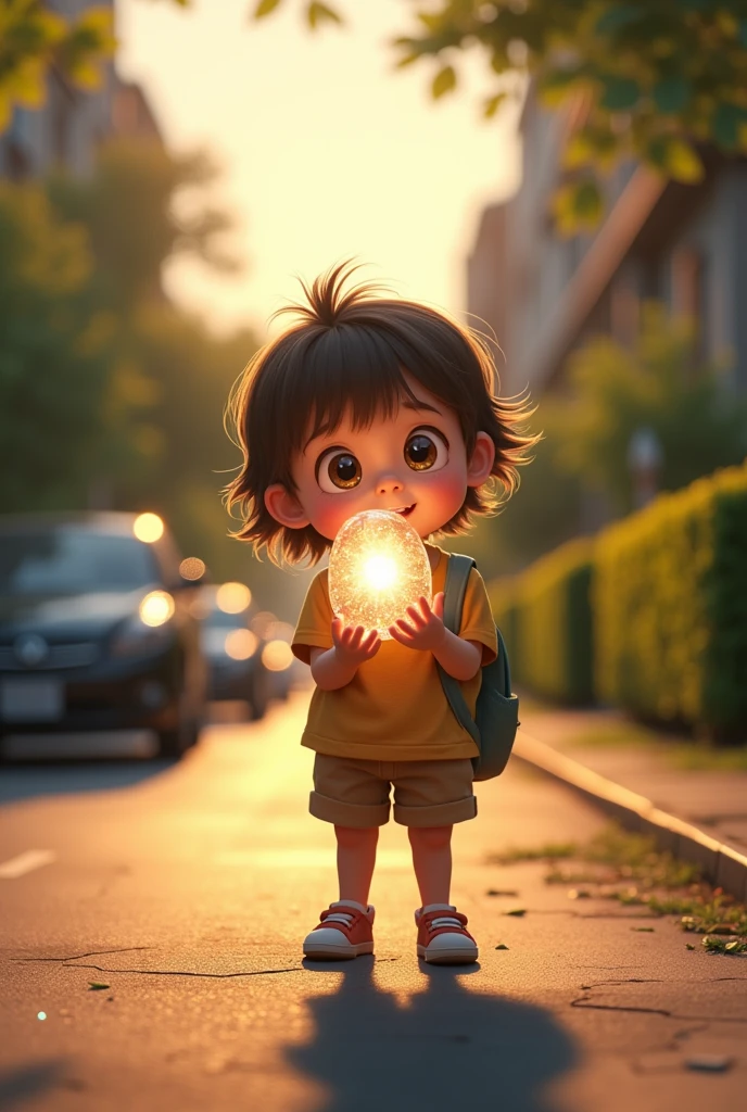 The child found a shining stone while coming home from school." Image