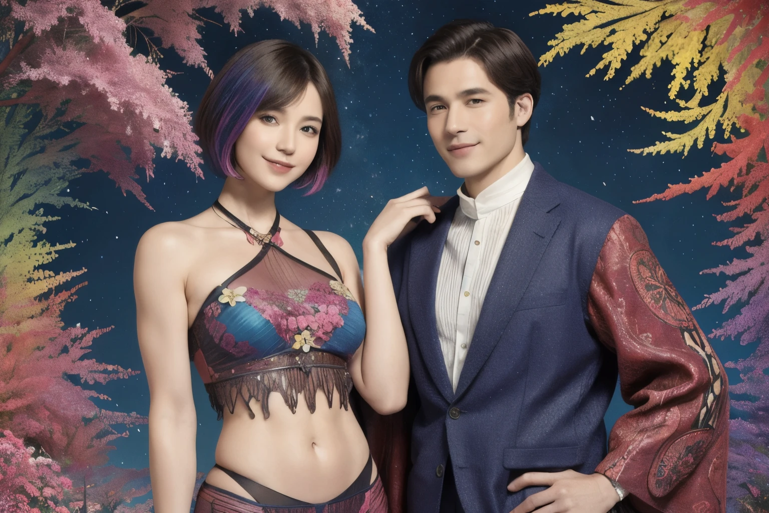 276 (20-year-old woman and man,short hair), Are standing, (beautiful:1.1), (Fractal Art:1.2), (Advanced backgrounds), (Many colors:1.4), (Old-fashioned smile), Abdominal muscles, flower