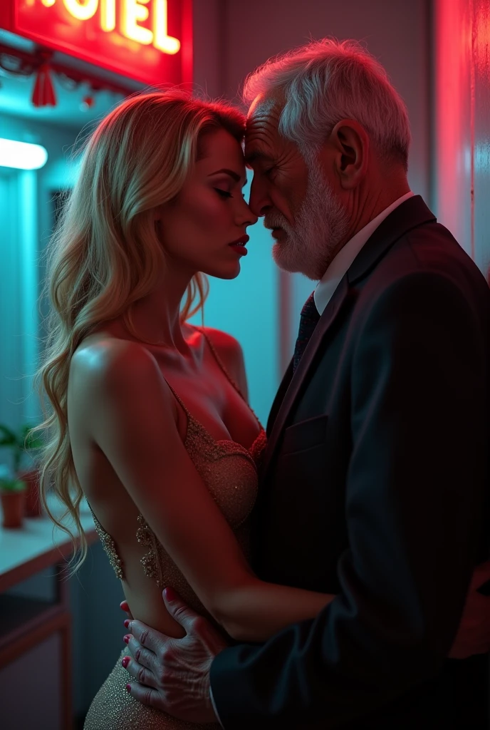artistic portrait of a thin beautiful young woman , breasts small, hair blonde, arm behind the back, Waist slender, standing, Serious countenance, gorgeous attractive face, Hugging an 90 old man ugly while he caresses her breasts. look in: club party, canon 50 mm, analog style. Cleavage. Xposed breasts.