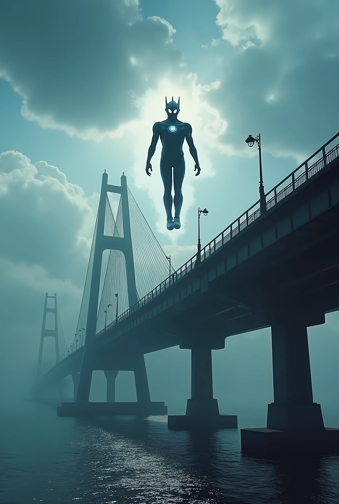 a dramatic scene of the iconic high oresund bridge, viewed from the road, with ultraman hovering over the structure, (best quality,4k,8k,highres,masterpiece:1.2),ultra-detailed,(realistic,photorealistic,photo-realistic:1.37),dramatic lighting,cinematic composition,epic scale,mist,dramatic sky,azure water,dramatic clouds,detailed architecture,metallic bridge,ultraman flying,ultraman floating,ultraman silhouette,ultraman pose,ultraman details,ultraman energy,ultraman power