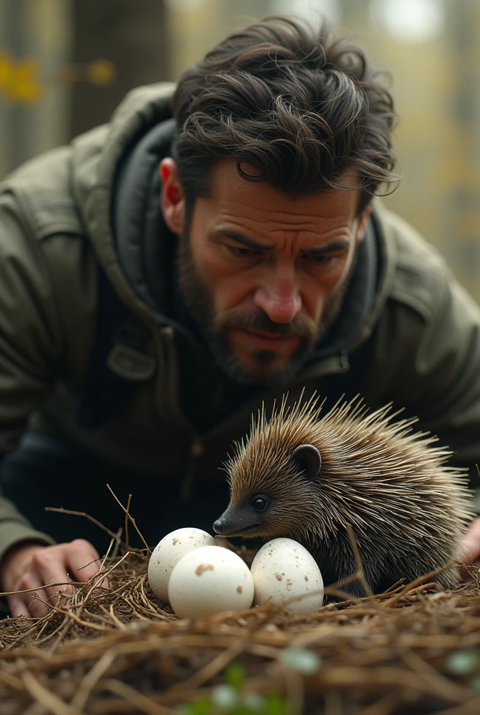 (photorealism:1.2), a ralistic man , who see a porc sitting on a lot of eggs