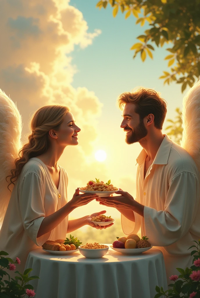 Heaven man enjoying his time with angel in heaven who is serviving food