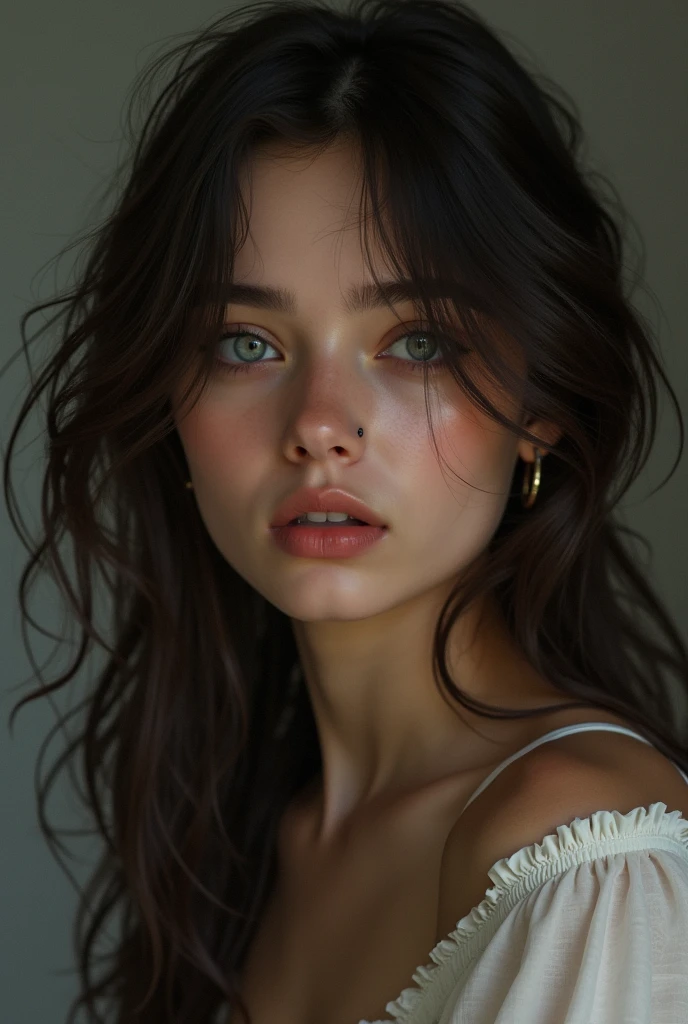 A girl of height 1.61 m medium wavy hair with darker darker skin with a slightly drooping nose