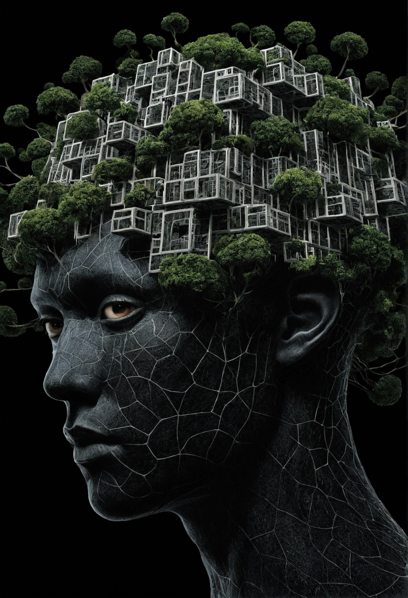 cube，cube头上满是树枝图像,Fractal Network. , Inspired by Igor Mosky, surreal dark art, 黑暗Surrealism艺术, Thomas Wellat Intricate, Complex 3d illustration, Something growing on the head, Complicated, Complex digital artwork, Surrealism