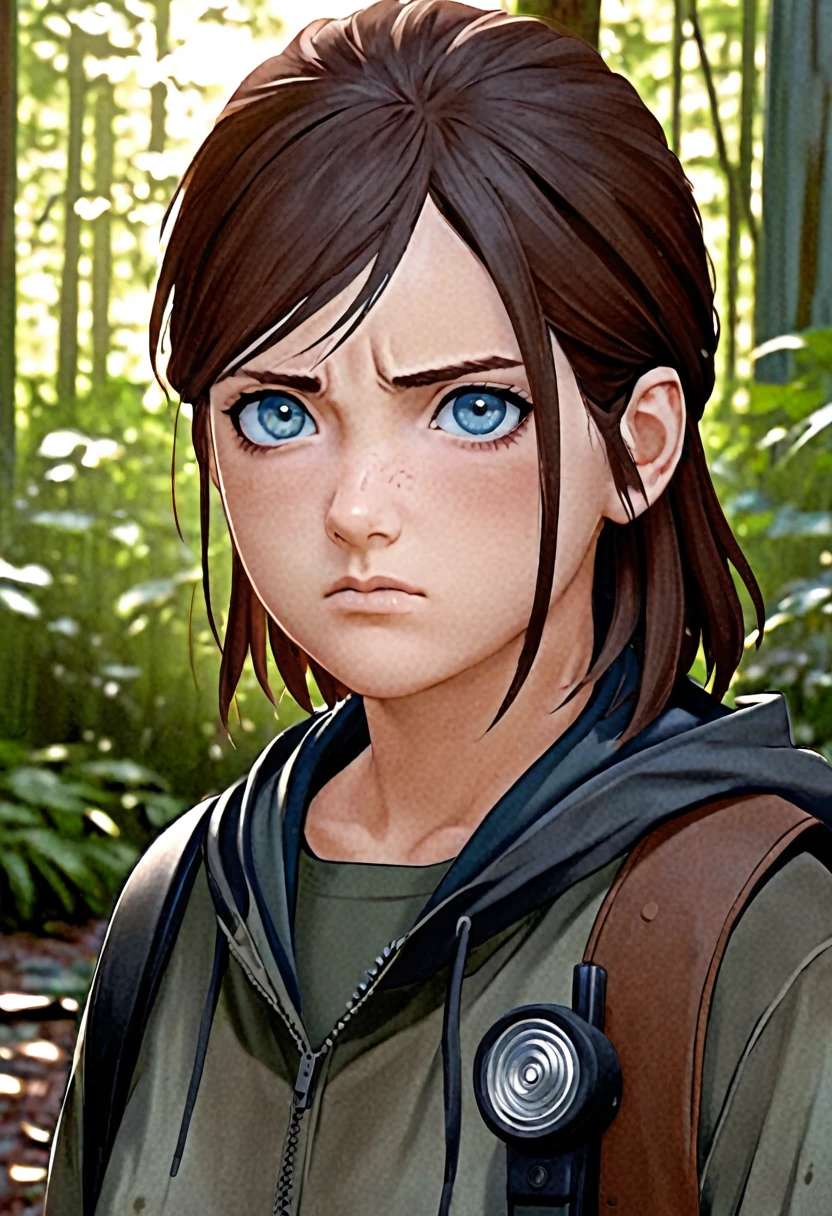 8k, anime style, naruto style, serious face, blue eyes, brown hair, light-skin, girl, female, ellie wiliams, ellie the last of us,