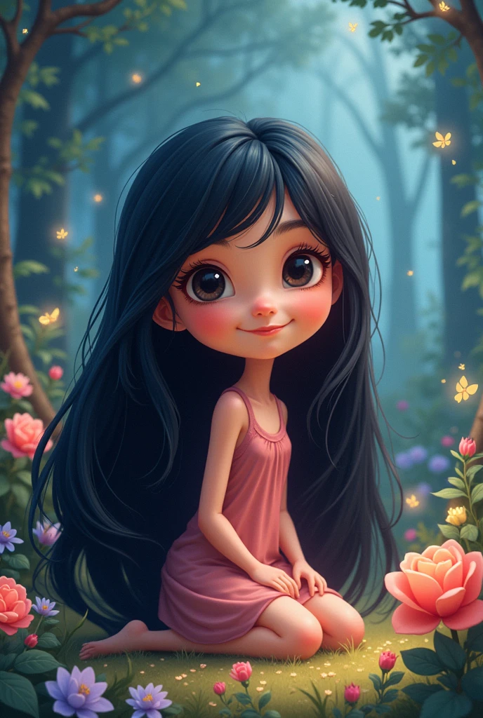 Girl, long black hair, cartoon
