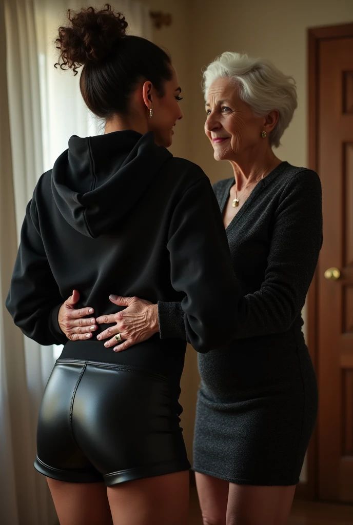 black woman hair in a bun black hoodie black leather short shorts being fucked in the ass by a old grandma in a dress