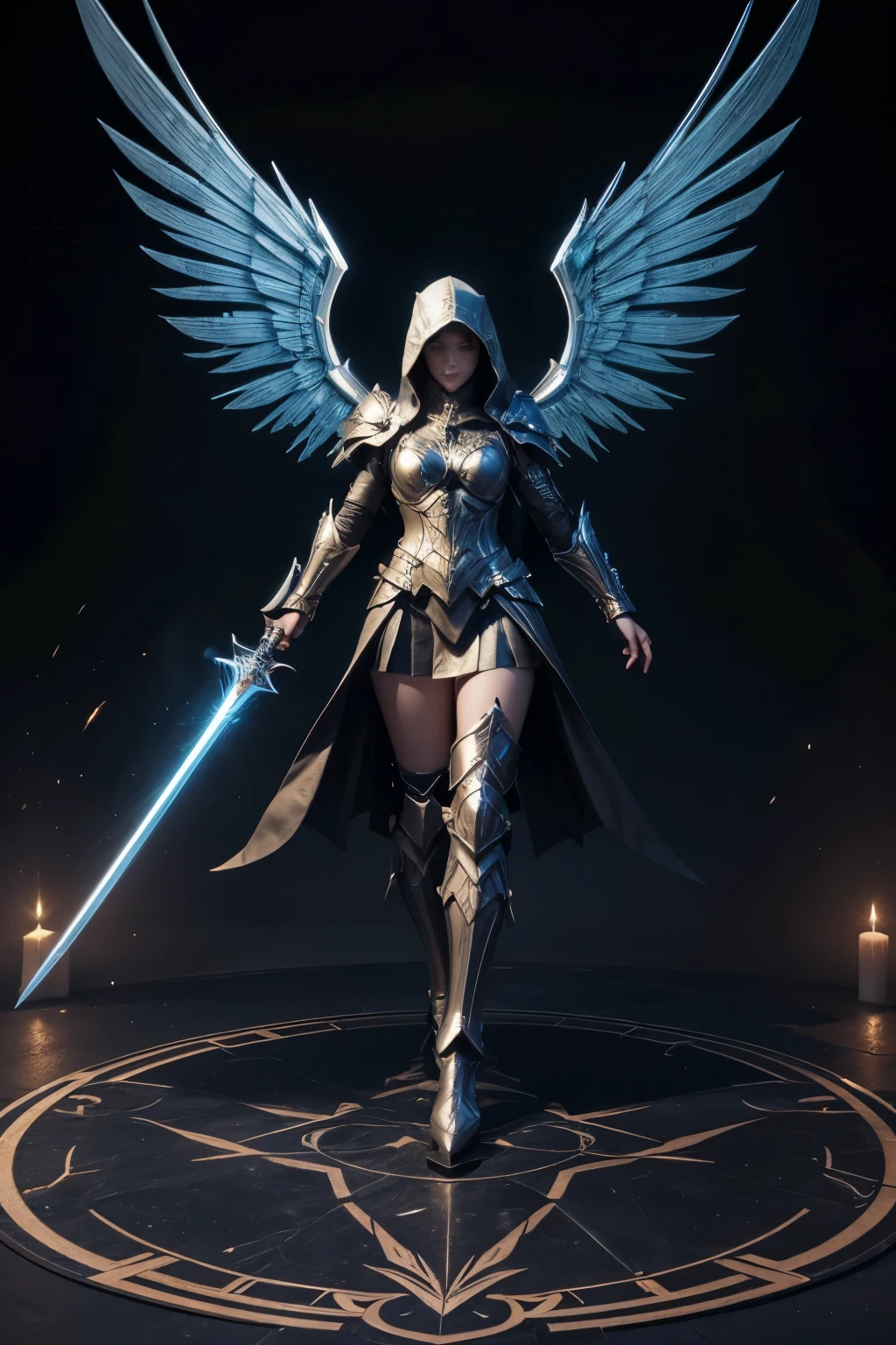 A detailed armored angel, holding a long sword at the center, with large folded wings in front, arcane glow in the background, hooded angel, tattoo, vector art