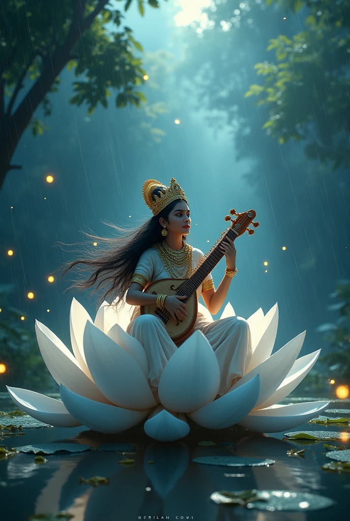 Cool cinematic animated character art, Silhouette of indian godess Saraswati sitting on a giant white lotus in a pond, multiple arms, holding musical instrument-'veena' , wearing indian golden crown, saree, white flower garlands, luscious hair flowing in air, calm expression, glowing fireflies in air, rainy storm, cinematic lighting, darkness in atmosphere, tree leaves floating, colour graded, vibrant, 4khd