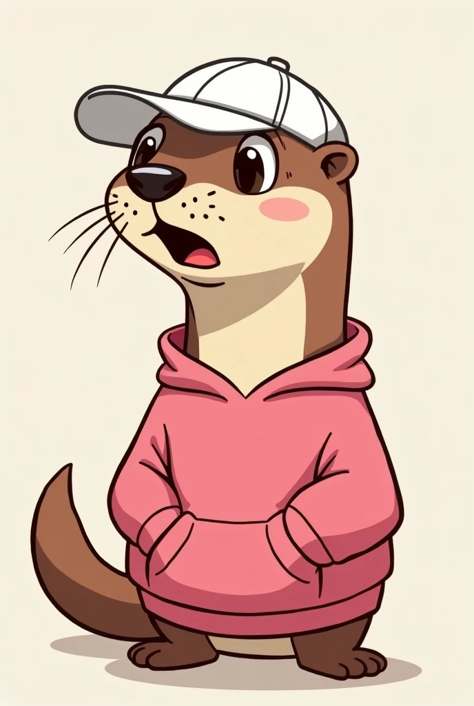 Cartoon of a male otter, with white cap, pink sweatshirt, side position and impacted face