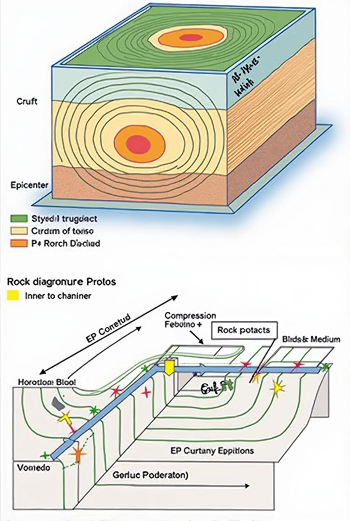 Drawing 1: Diagram of the P Wave through the Earth Step 1: Draw a big circle Objective: Represent a cross section of the Earth.
Details: Divide the circle into different layers with concentric curved lines, representing the bark, the mantle and the core (internal and external).
colors: Use different colors for each layer (For example: brown for the crust, orange for the coat, yellow for the outer core, and grey for the inner core).
Step 2: Mark the epicenter Objective: Pinpointing the origin of seismic waves.
Details: Draw a star or a small circle on the crust or on the top of the mantle, near the surface of the circle.
Step 3: Draw the trajectories of the P waves Objective: Show how P waves propagate from the epicenter.
Details: Draw straight lines radiating from the epicenter and through all the layers of the circle until reaching the other side.. These lines should be curved in the areas where the waves change speed. (For example, when passing from the mantle to the core).
colors: Use a striking color, how red the blue, so that the waves are visible.
Step 4: Add arrows on the Target lines: Indicate the direction in which the waves move.
Details: On each line representing a P wave, Draw small arrows pointing in the direction the wave is moving..
Step 5: Label the parts Objective: Identify the different layers and elements of the drawing.
Details: Place labels next to each layer (Crust, cloak, Outer Core, Inner Core) and also labels the epicenter and P waves.
Drawing 2: Behavior of P Waves in a Solid Medium Step 1: Draw a long horizontal line Target: Represent a section of the earth's crust.
Details: The line should be long enough to show several phases of compression and expansion..
Step 2: Draw a series of small circles Objective: Represent the particles of the medium (For example, rock particles)