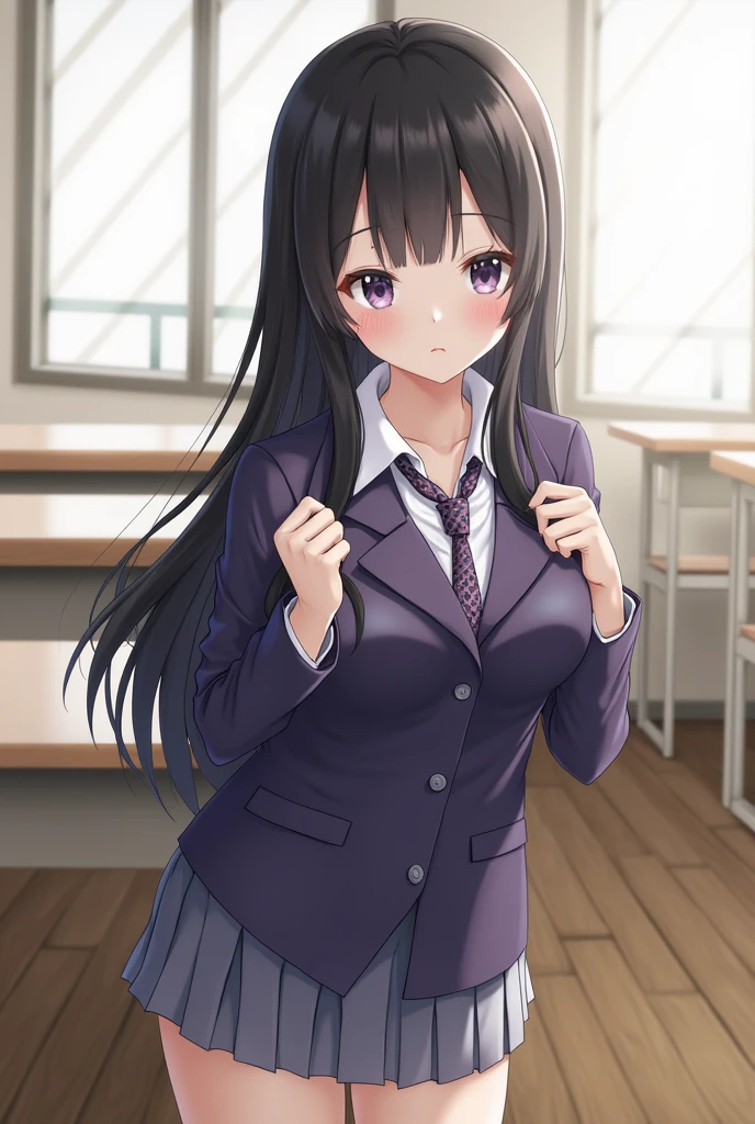 {best quality}, {very aesthetic}, {ultra-detailed}, {best illustration}, nsfw, girl, black long hair, school uniform, classroom, bukkake, cum on breasts