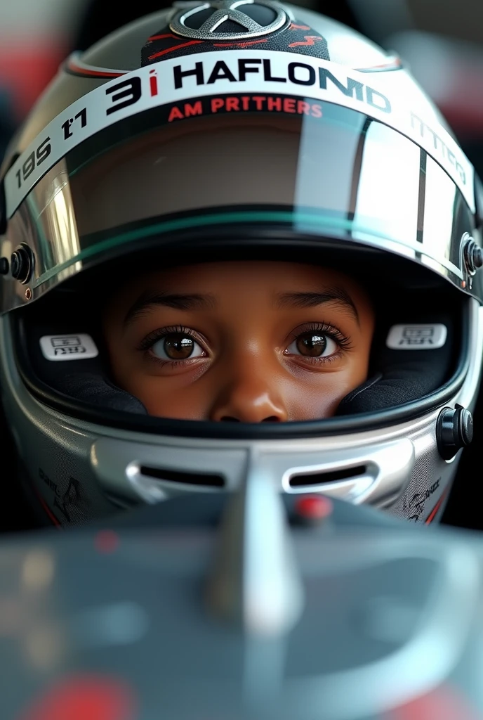 lewis hamilton when he child, in a car, just his eyes in racing helmet with anoy