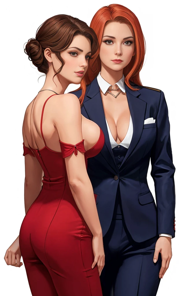 2girls, woman in red dress, woman in business suit, cleavage, lesbian,naked full body, show pussy, show tits,