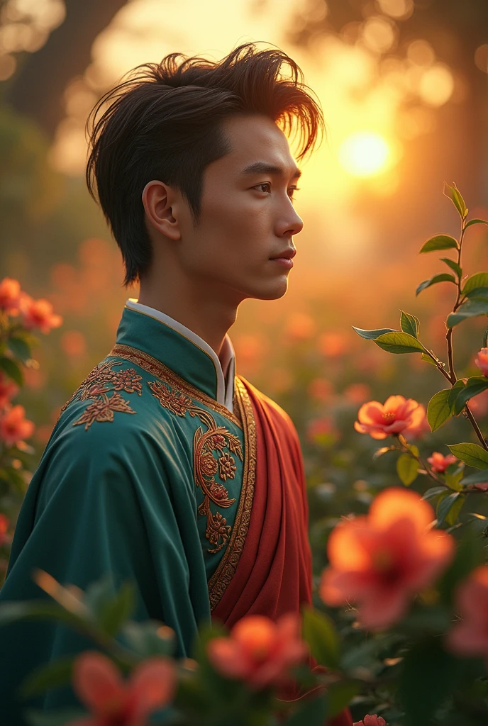  " A handsome man wearing a Thai costume, fair-skinned, is standing and admiring the Rampue flowers. His face shows his thoughts of his beloved, thinking of his beloved. The background is an evening atmosphere. Surrounded by a flower garden. "