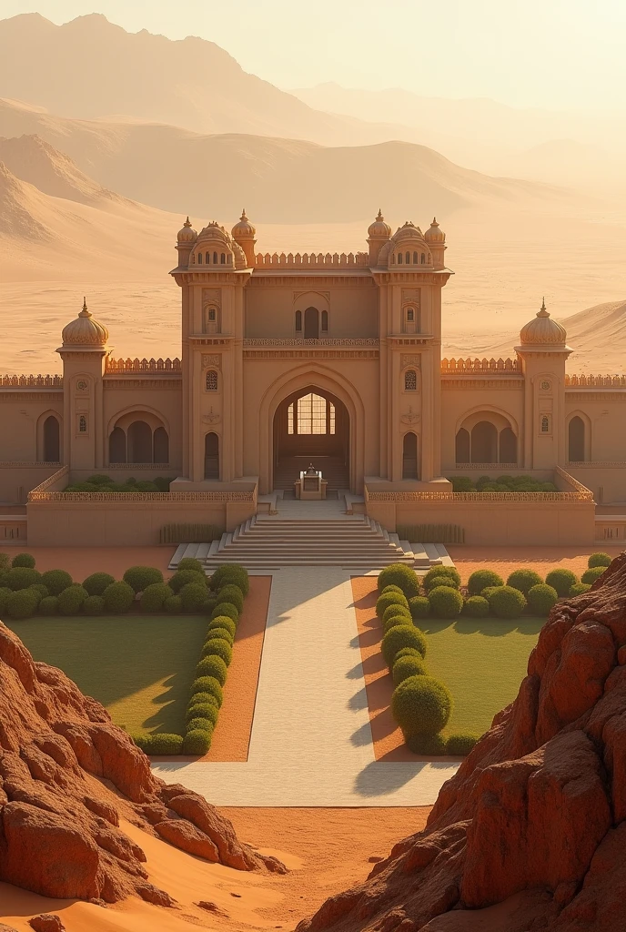 Suryagarh resort in the middle of a square area with towered walls extending far 