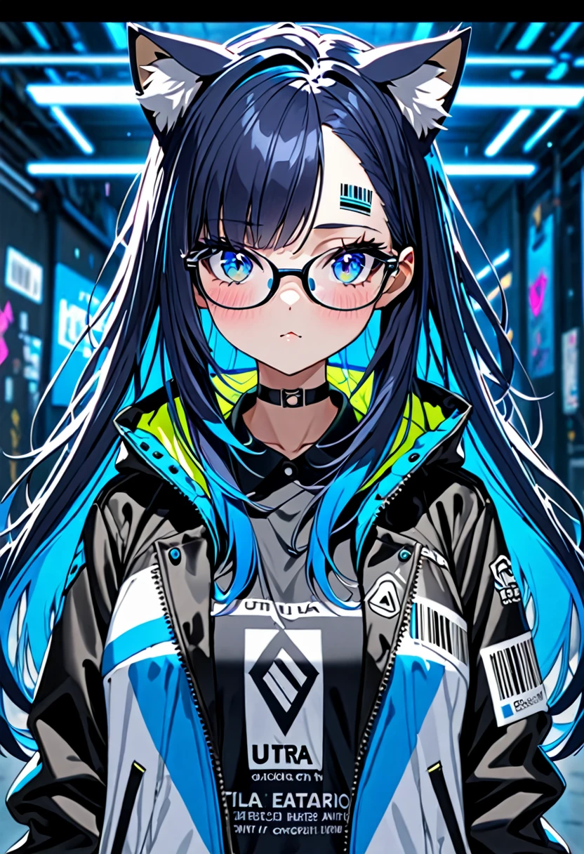 8K Ultra High-Quality, ultra-detailed, High quality, Dark Blue hair, Neon Blue Inner layer hair, Long hair, Cat ears, jacket, glasses, barcode tattoo on the forehead, forehead