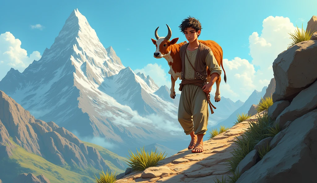 Animated image of a young poor Muslim man carrying a small cow on his shoulders climbing a mountain
