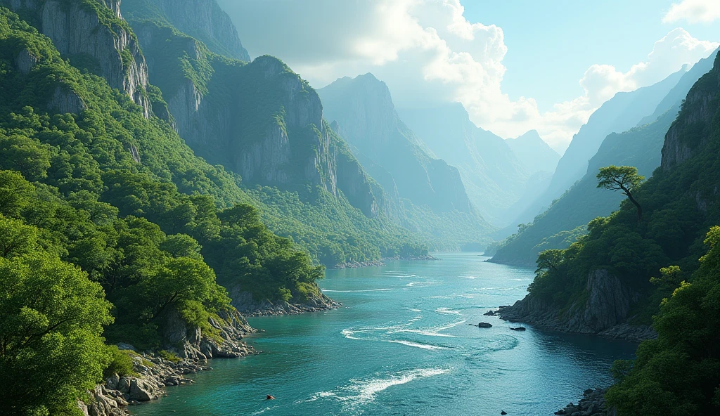 Panorama,On the high mountains covered with laurel trees, water flows westward into the sea,There is a lot of amber in the water(best quality,4K,8k,High level,masterpiece:1.2),Ultra Detailed,(lifelike,Photo real,Photo real:1.37)